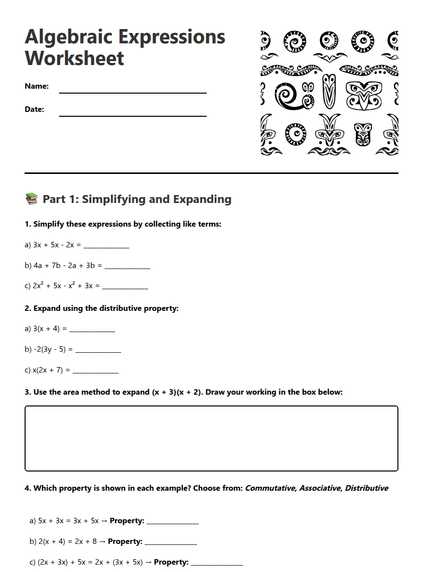 Algebraic Expressions Worksheet worksheet preview