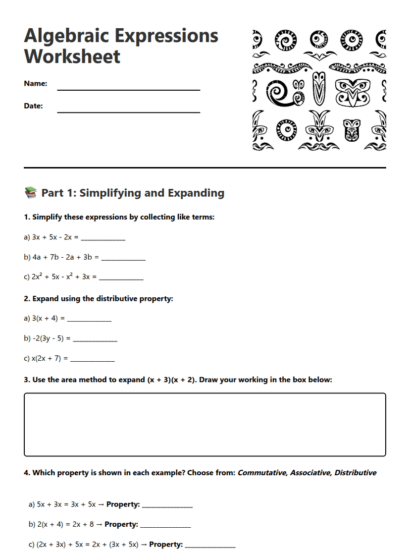 Algebraic Expressions Worksheet