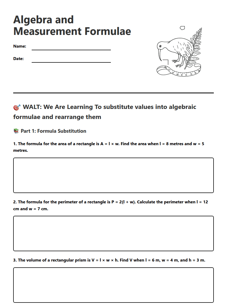Algebra and Measurement Formulae worksheet preview