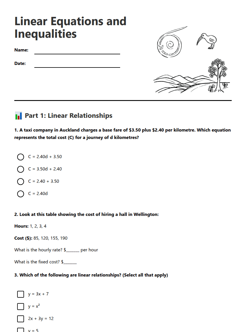 Linear Equations and Inequalities worksheet preview