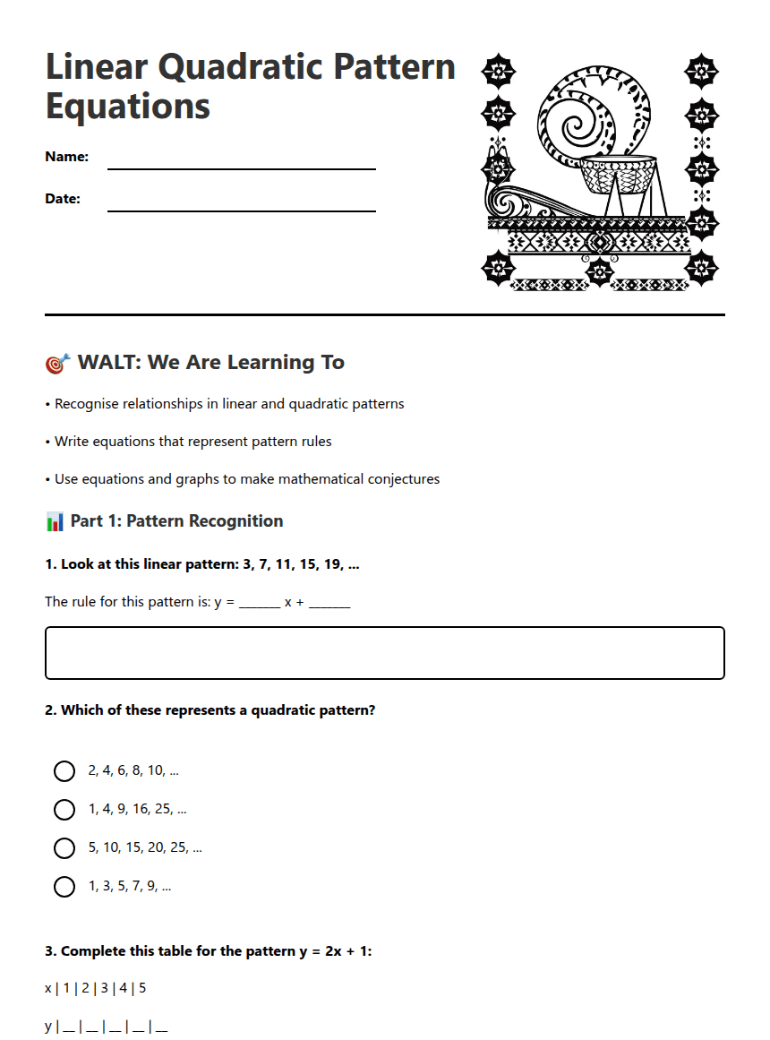 Linear Quadratic Pattern Equations worksheet preview