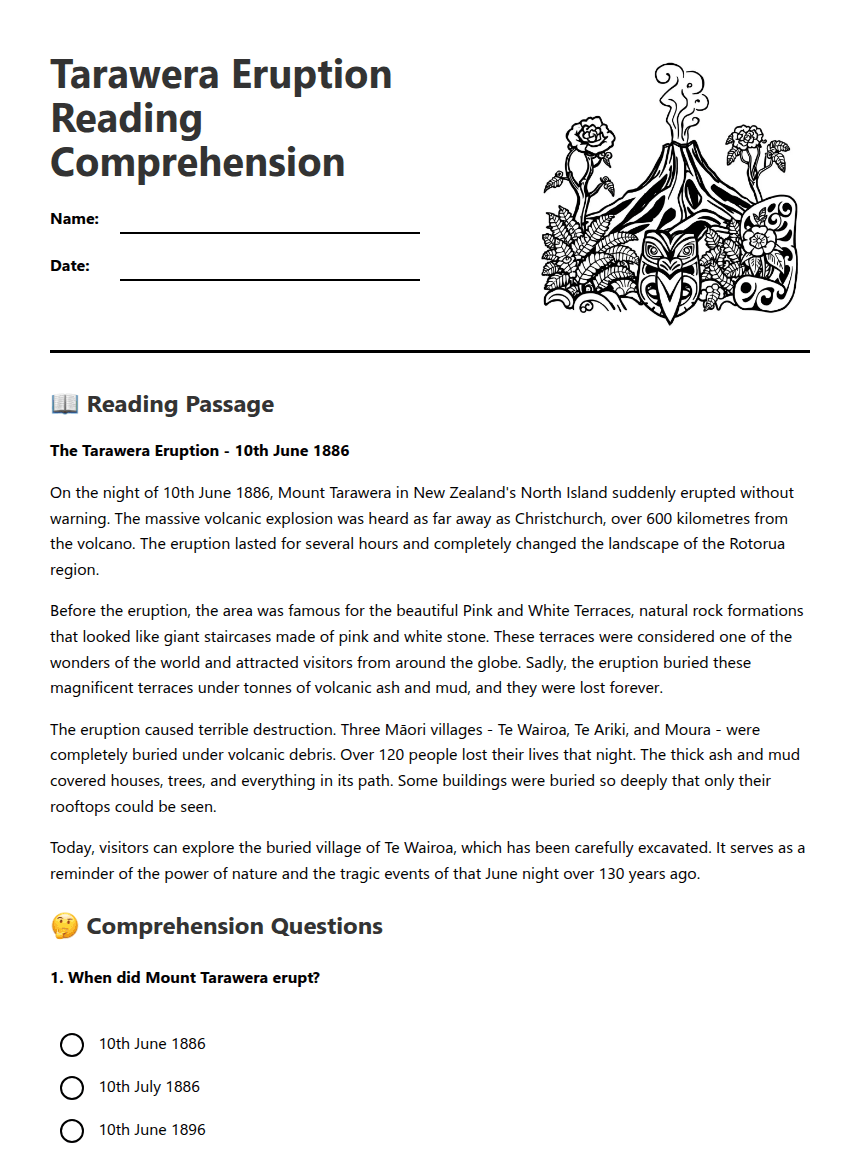 Tarawera Eruption Reading Comprehension worksheet preview