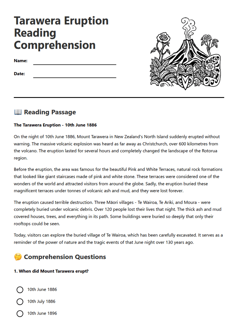 Tarawera Eruption Reading Comprehension