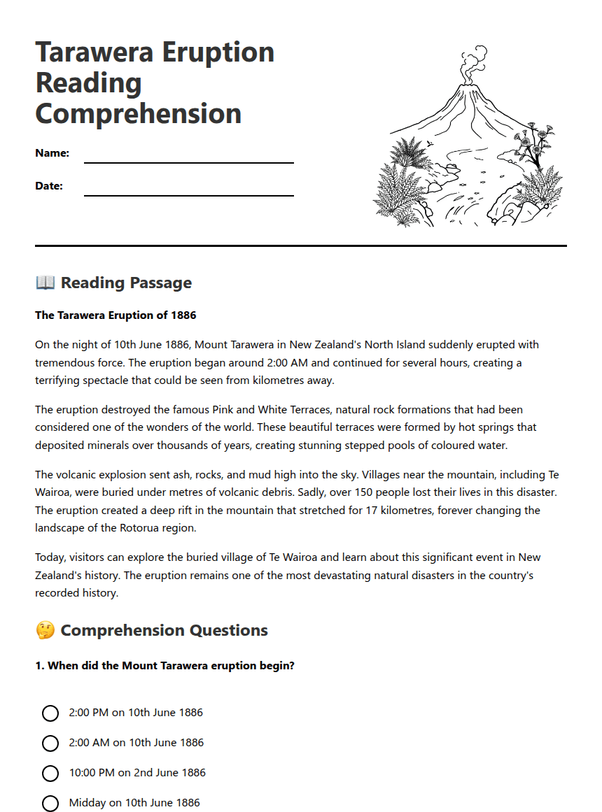 Tarawera Eruption Reading Comprehension worksheet preview