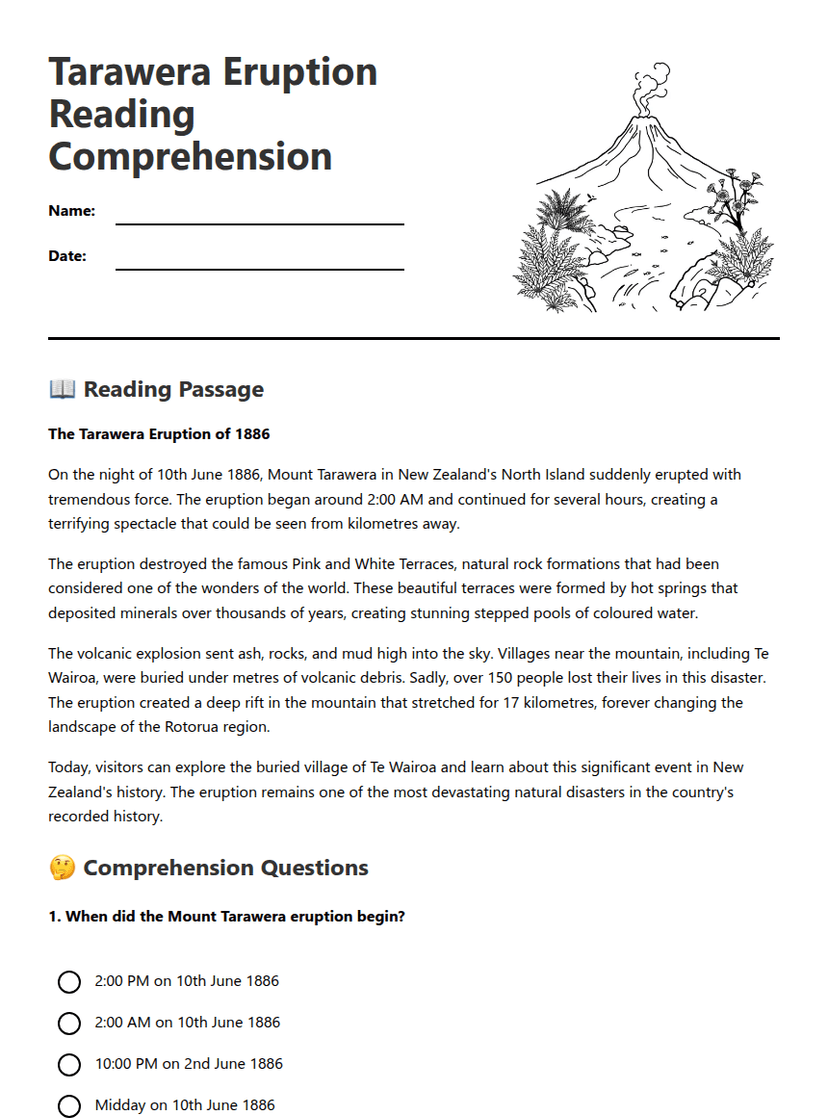 Tarawera Eruption Reading Comprehension