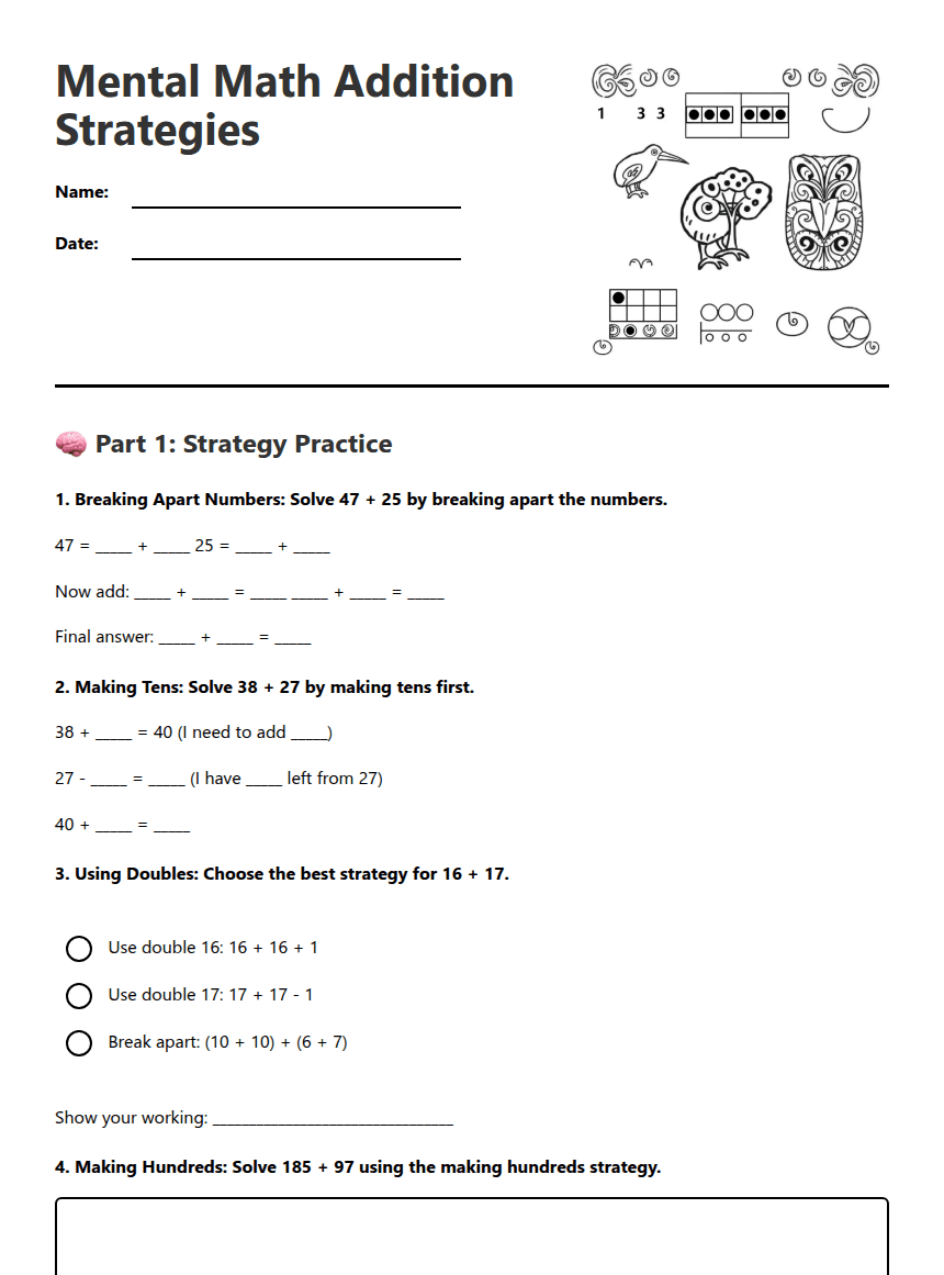 Mental Math Addition Strategies worksheet preview