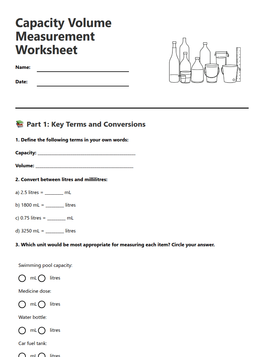 Capacity Volume Measurement Worksheet worksheet preview