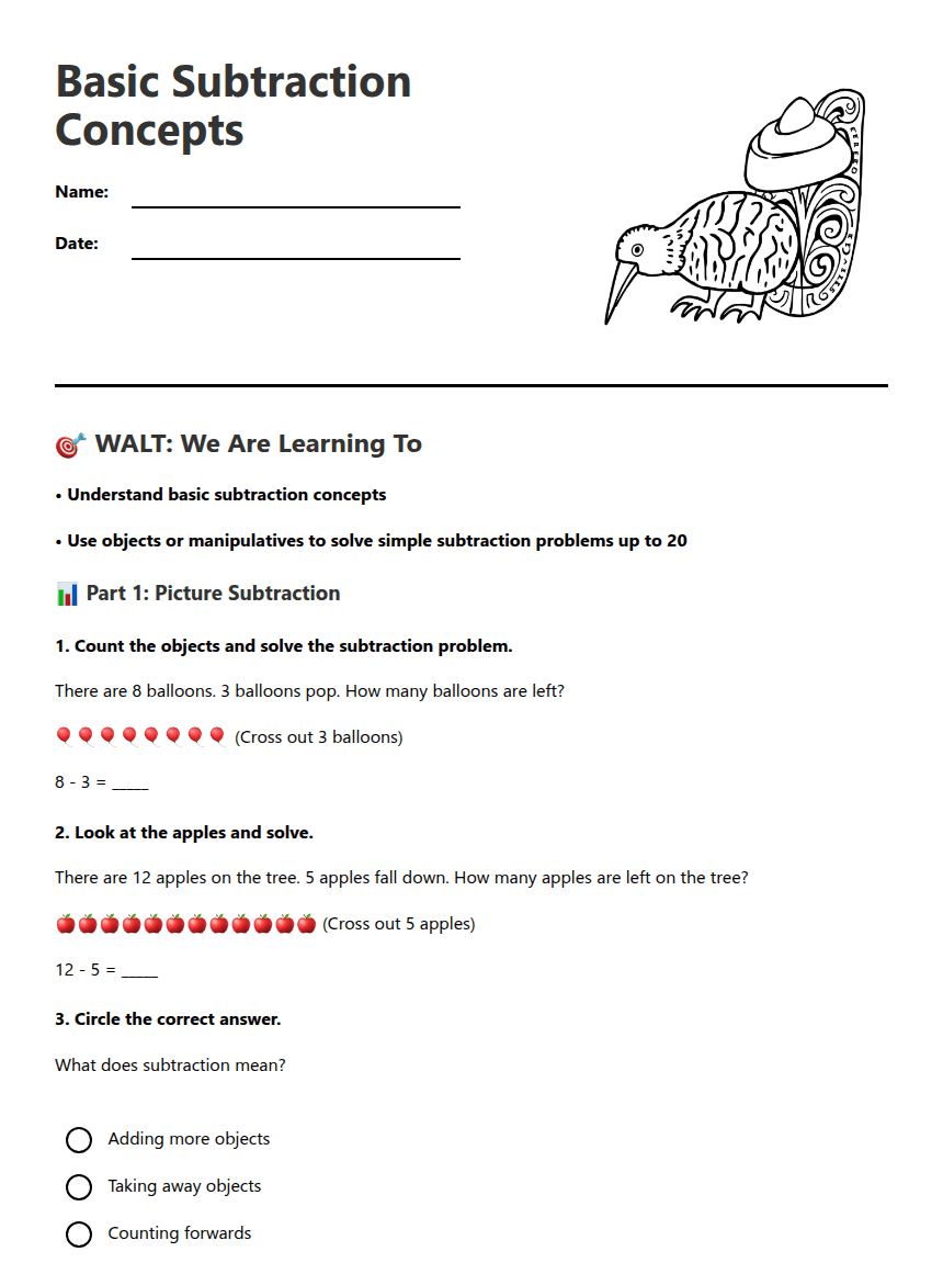 Basic Subtraction Concepts worksheet preview