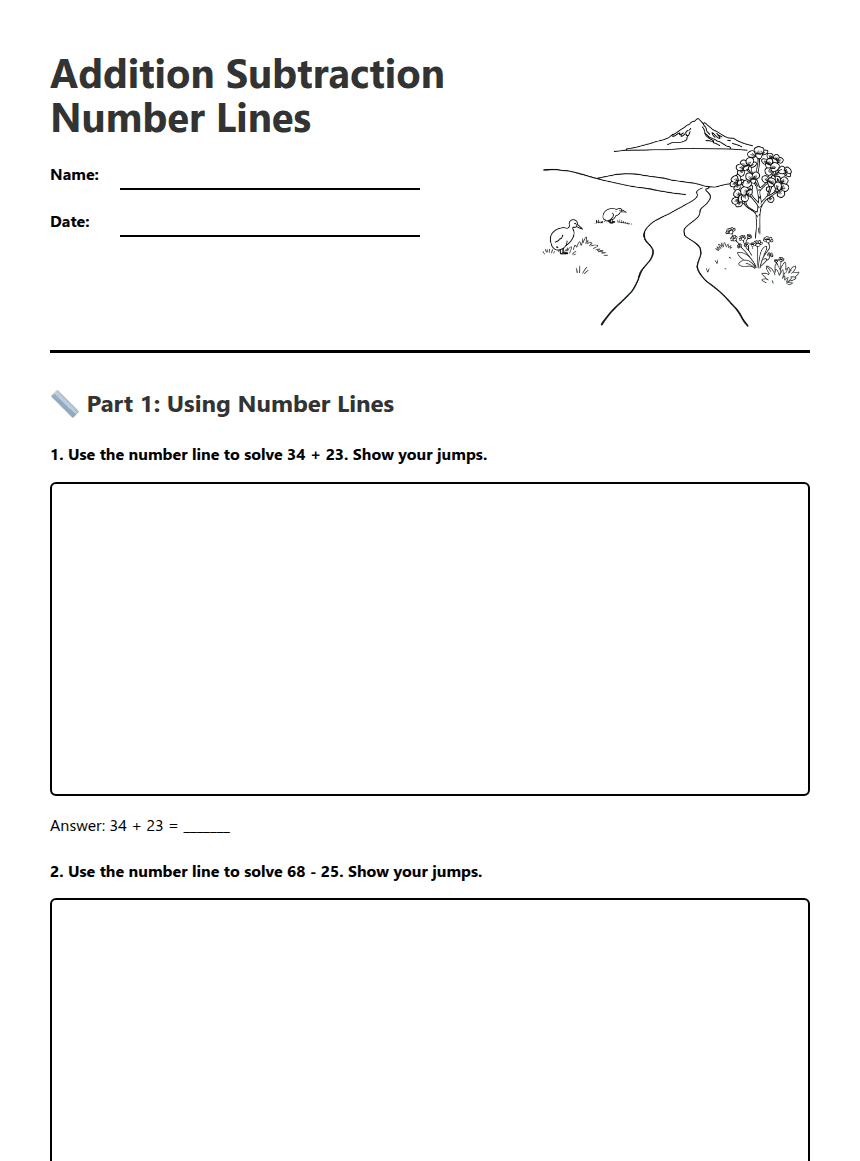 Addition Subtraction Number Lines worksheet preview