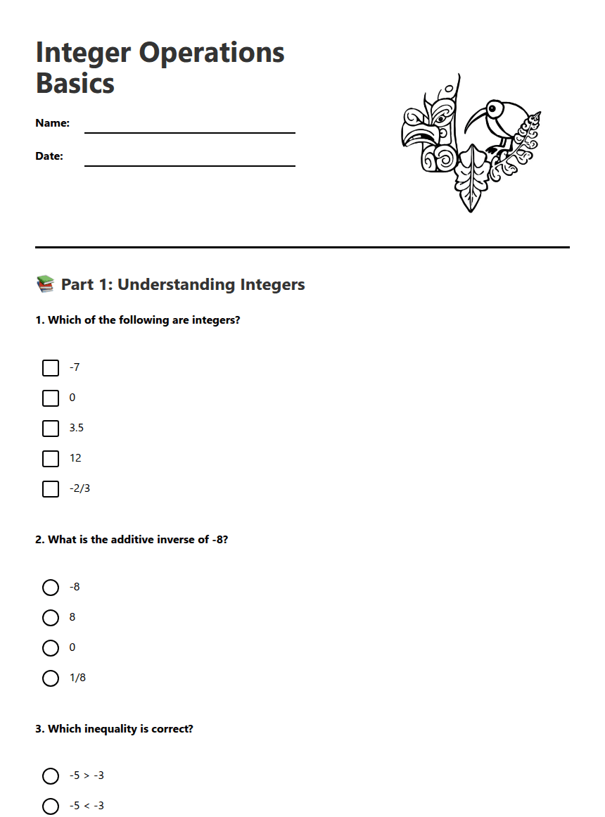 Integer Operations Basics worksheet preview