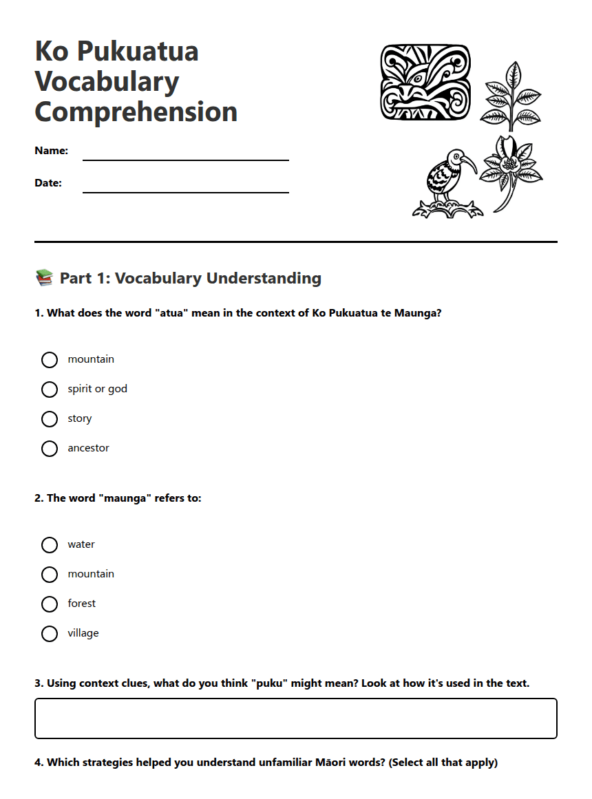 Ko Pukuatua Vocabulary Comprehension worksheet preview