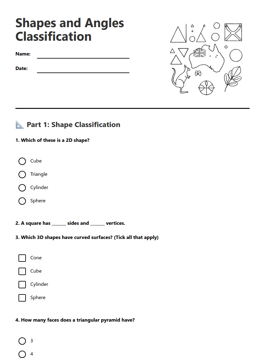 Shapes and Angles Classification worksheet preview