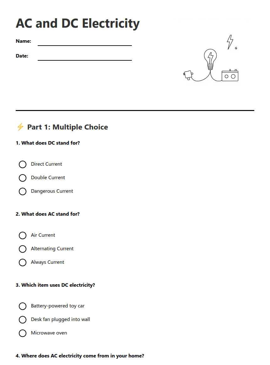 AC and DC Electricity worksheet preview