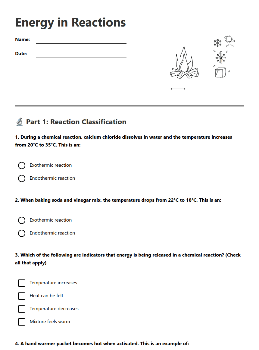Energy in Reactions worksheet preview