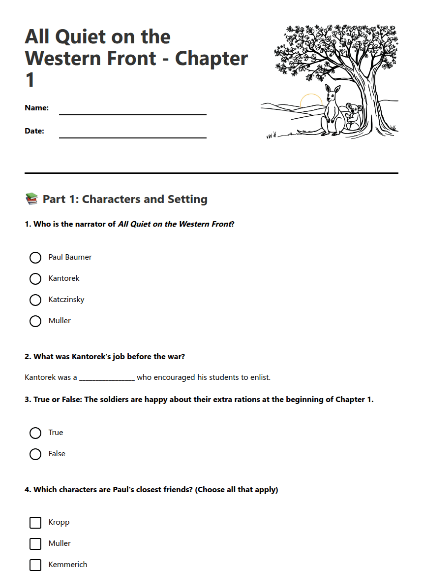 All Quiet Chapter 1 worksheet preview