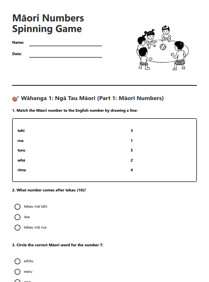 Māori Numbers Spinning Game worksheet preview