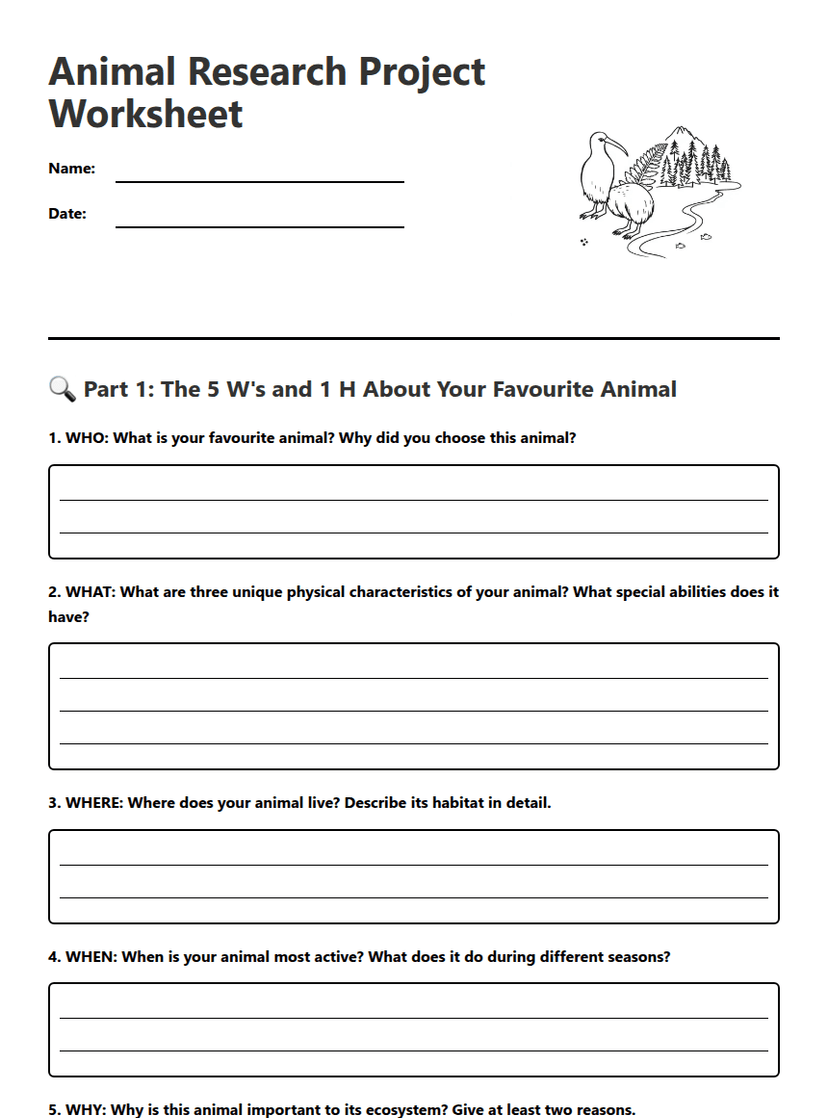 Animal Research Project Worksheet