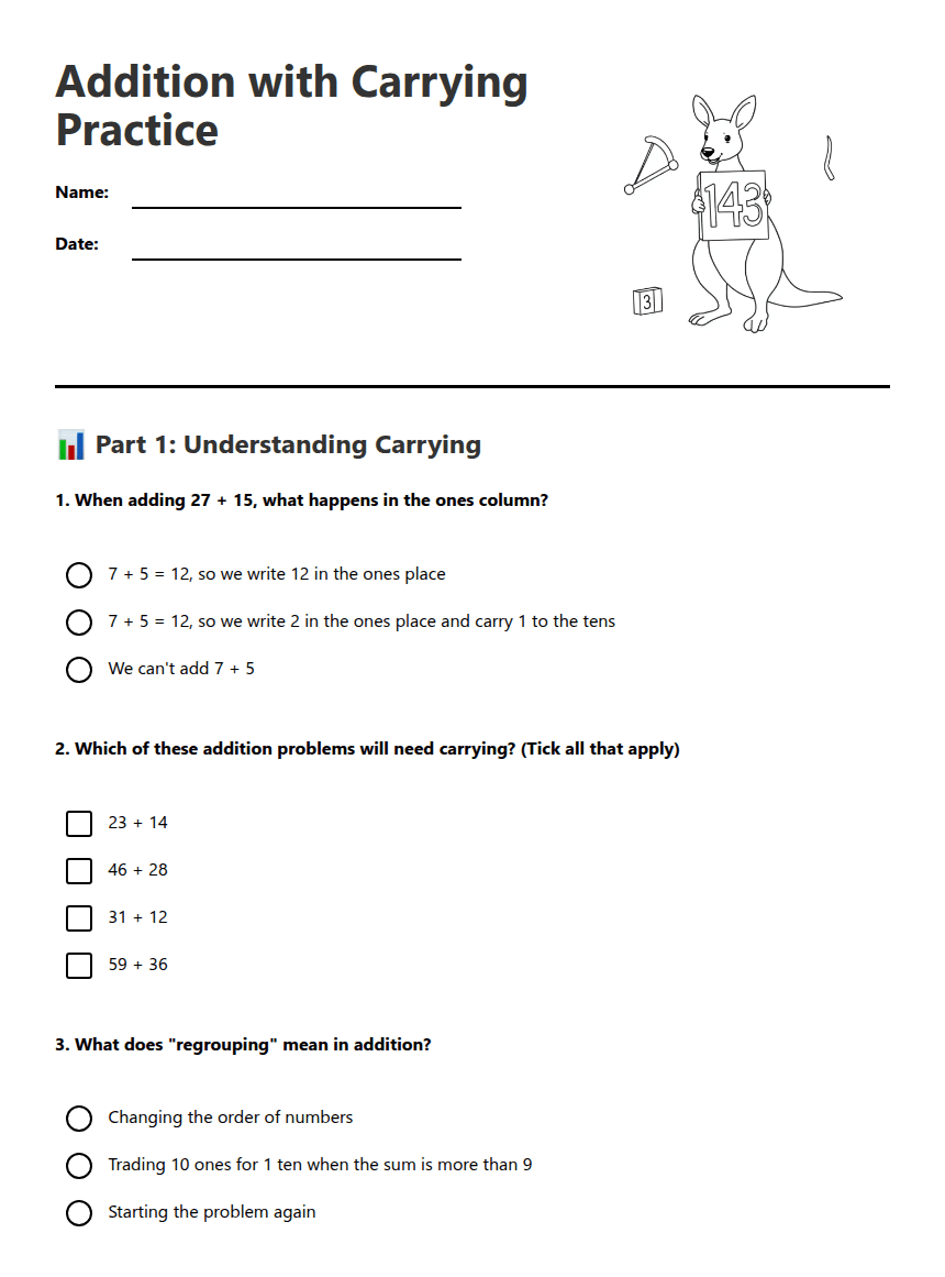 Addition with Carrying Practice worksheet preview