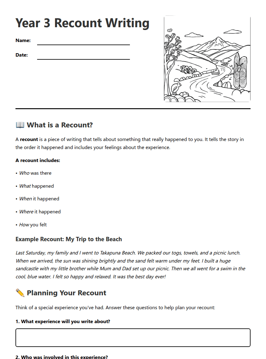 Year 3 Recount Writing worksheet preview