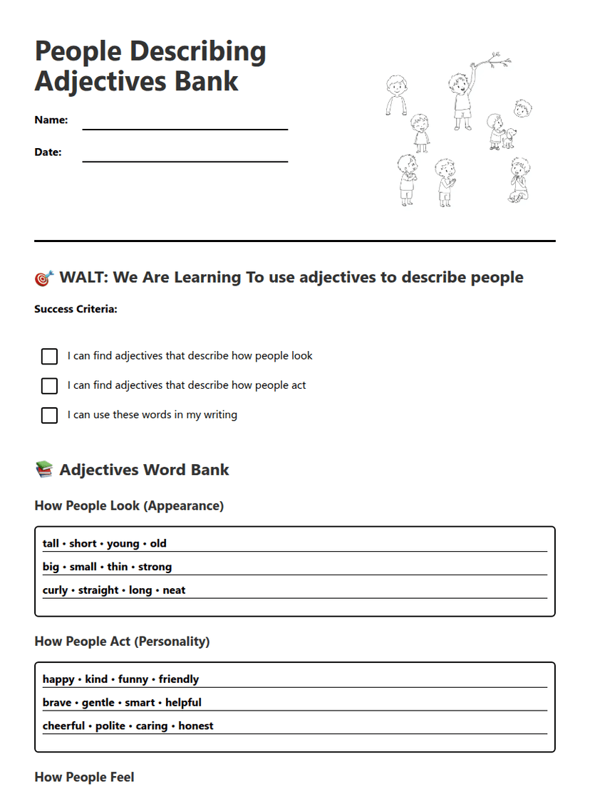 People Describing Adjectives Bank