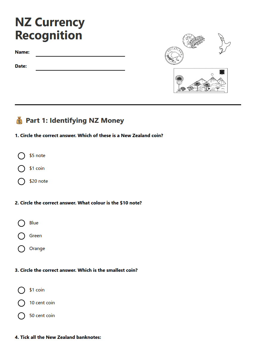 NZ Currency Recognition worksheet preview
