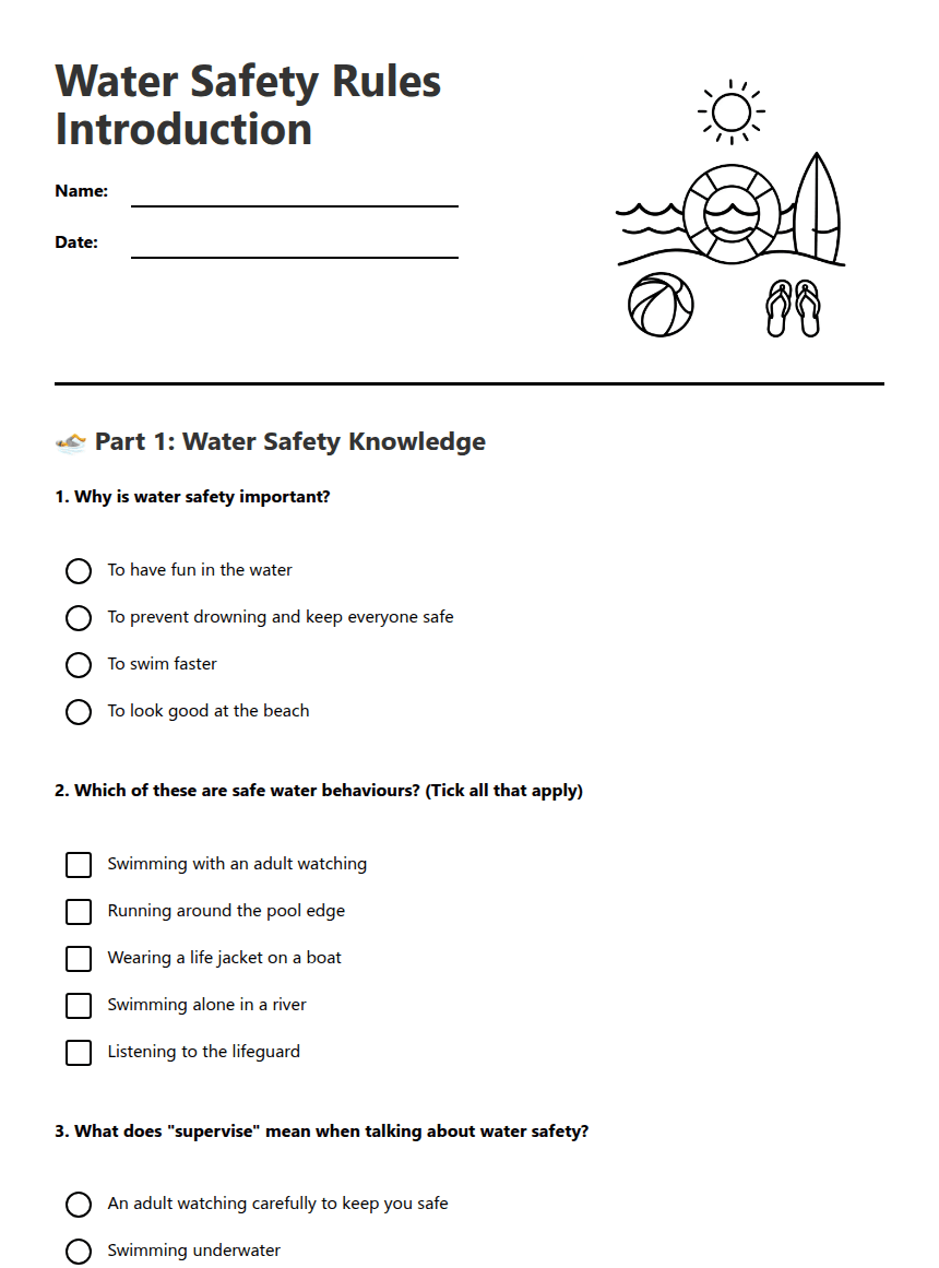 Water Safety Rules Introduction worksheet preview