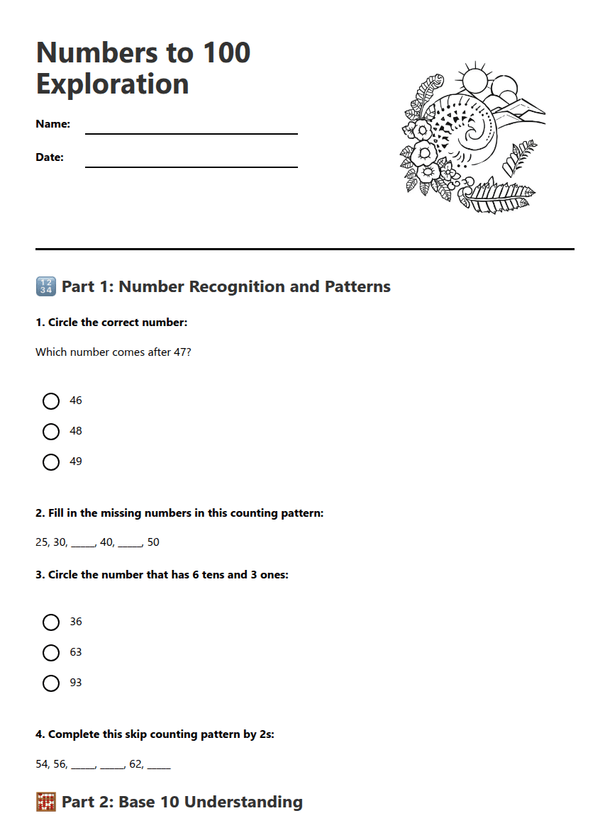Numbers to 100 Exploration worksheet preview