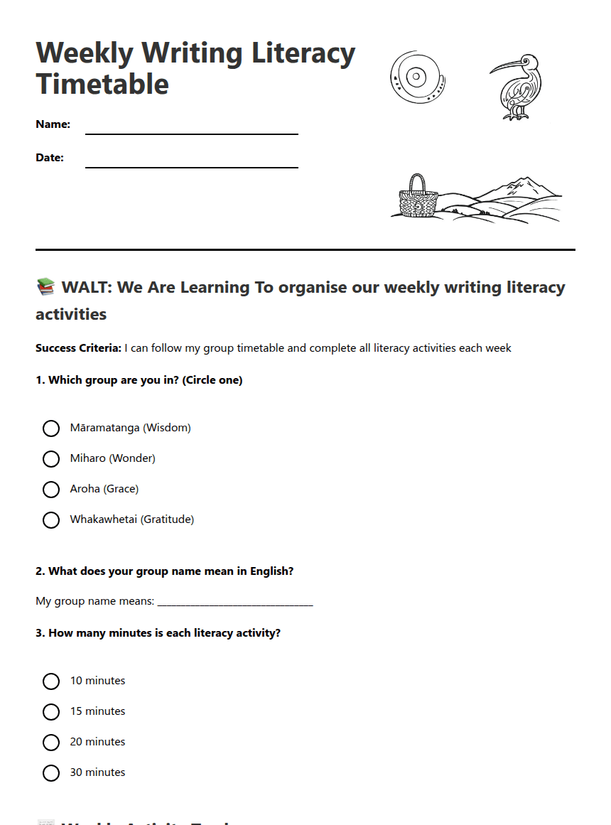Weekly Writing Literacy Timetable worksheet preview