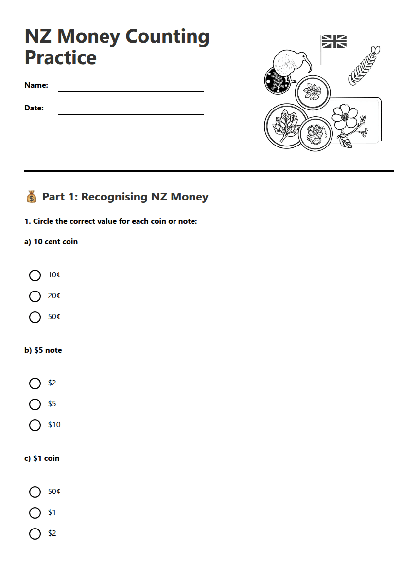 NZ Money Counting Practice worksheet preview