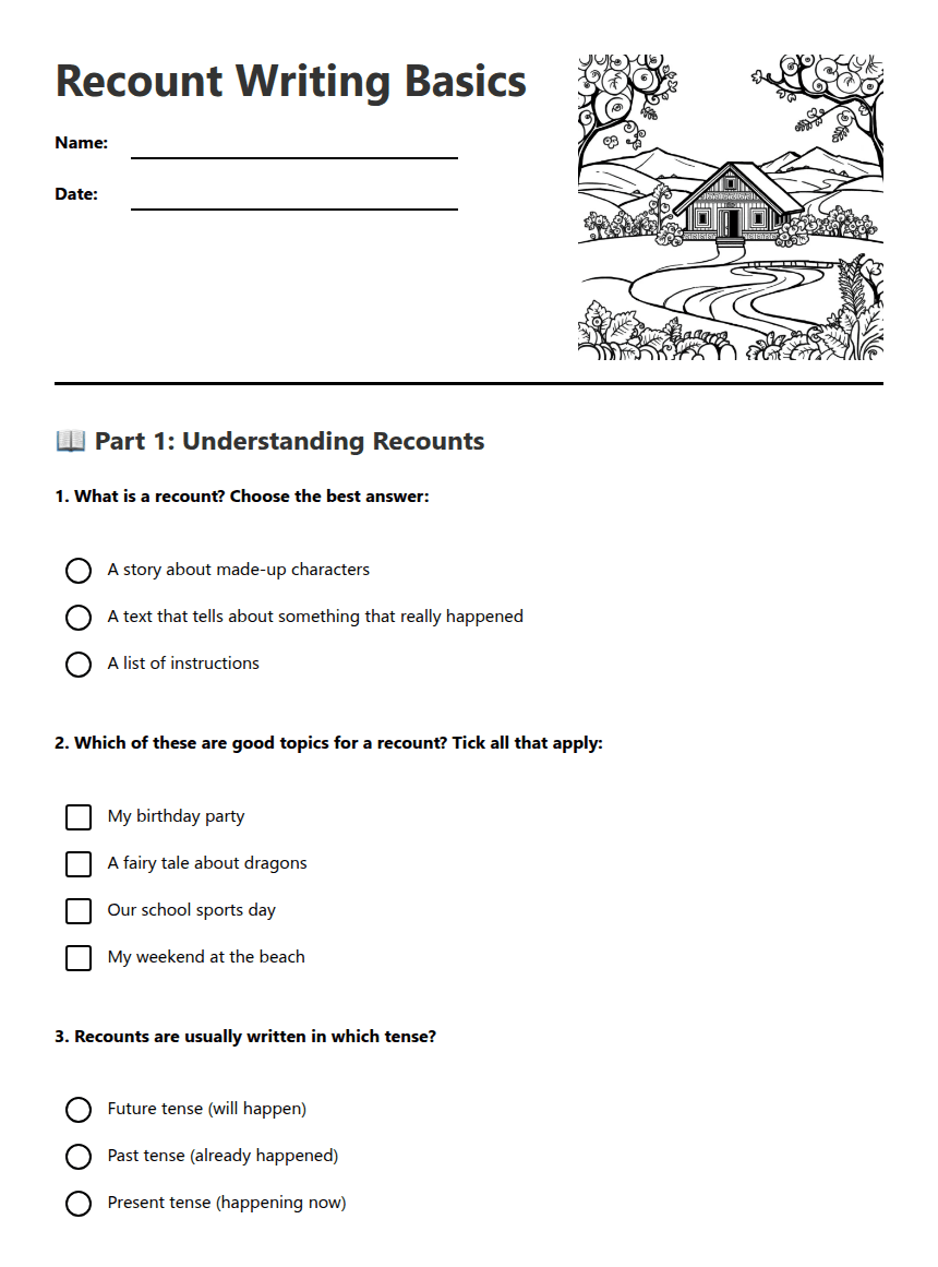 Recount Writing Basics worksheet preview