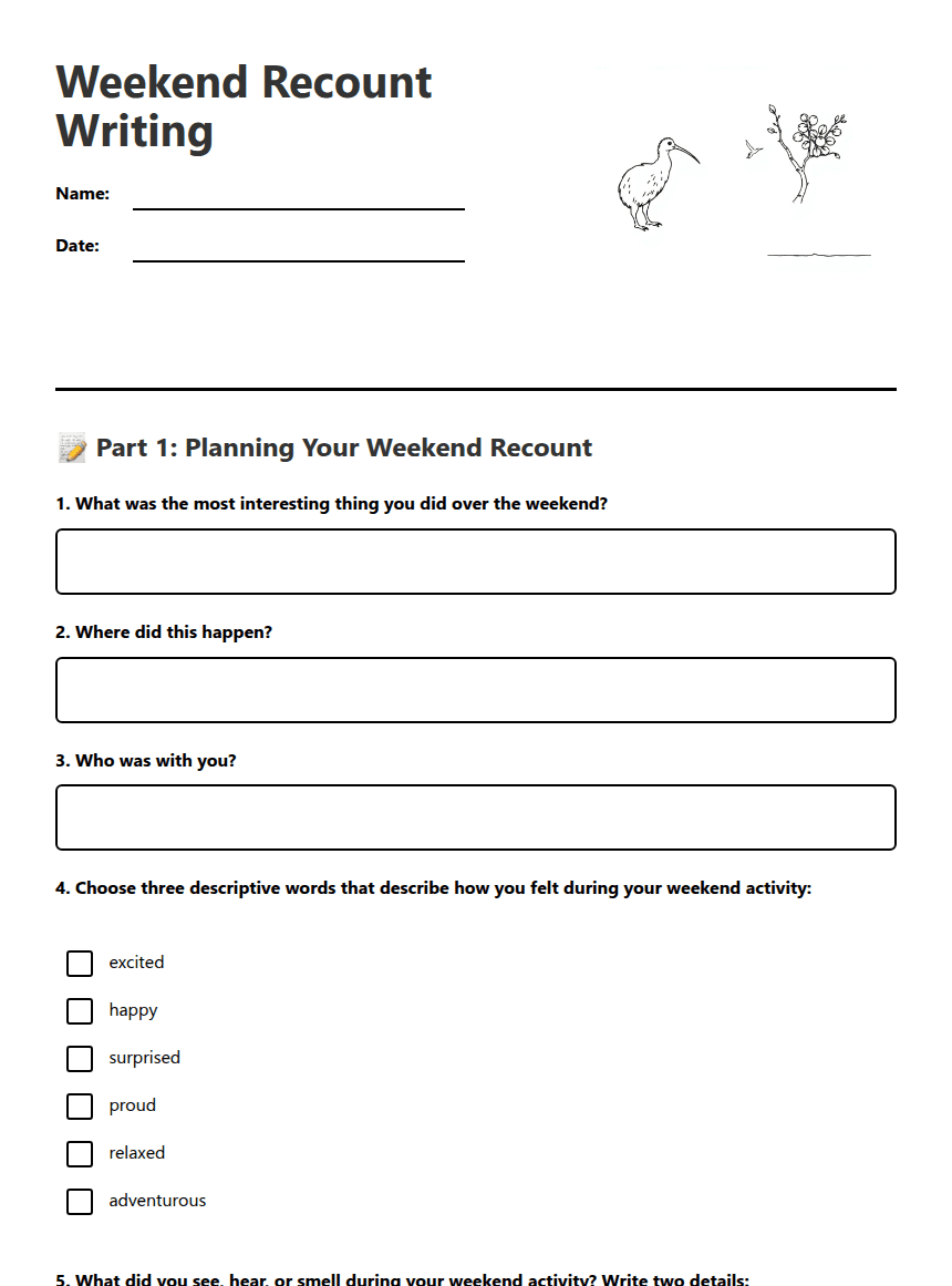 Weekend Recount Writing worksheet preview
