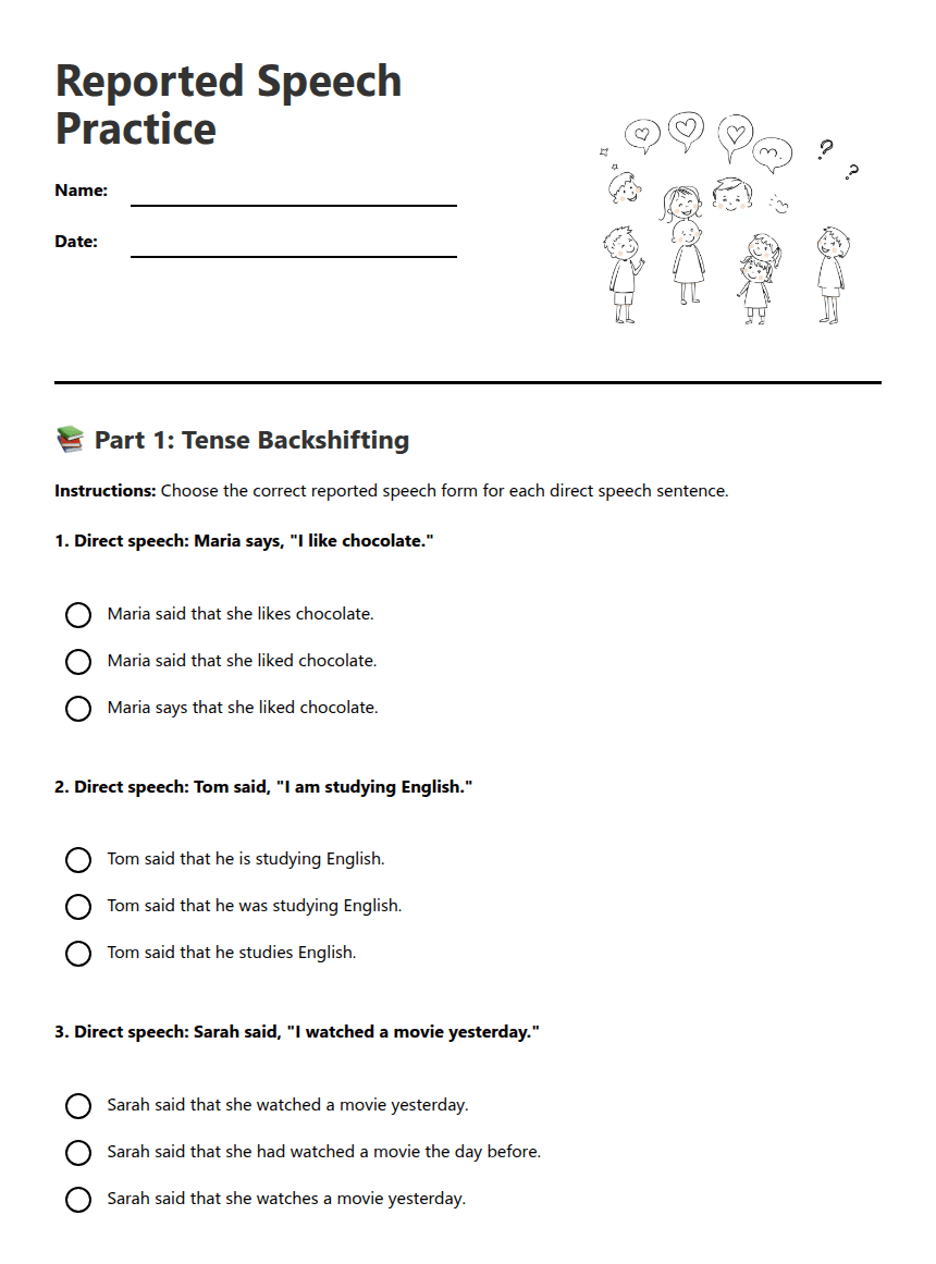 Reported Speech Practice worksheet preview
