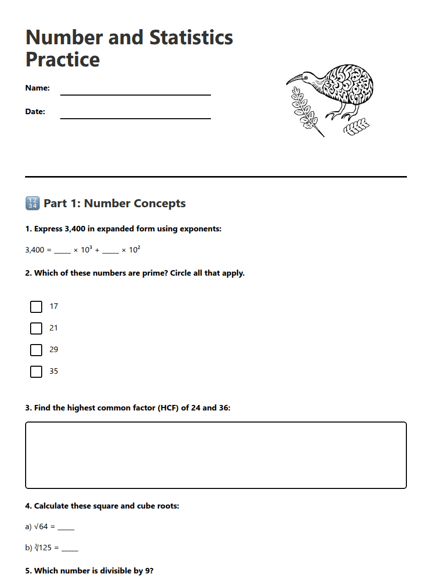 Number and Statistics Practice worksheet preview