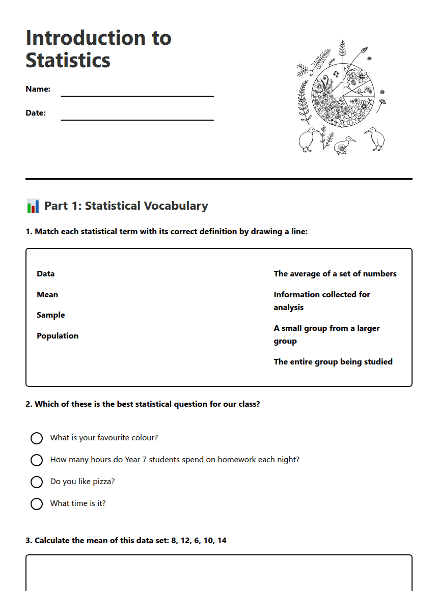 Introduction to Statistics worksheet preview