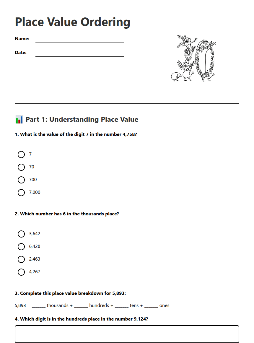 Place Value Ordering worksheet preview