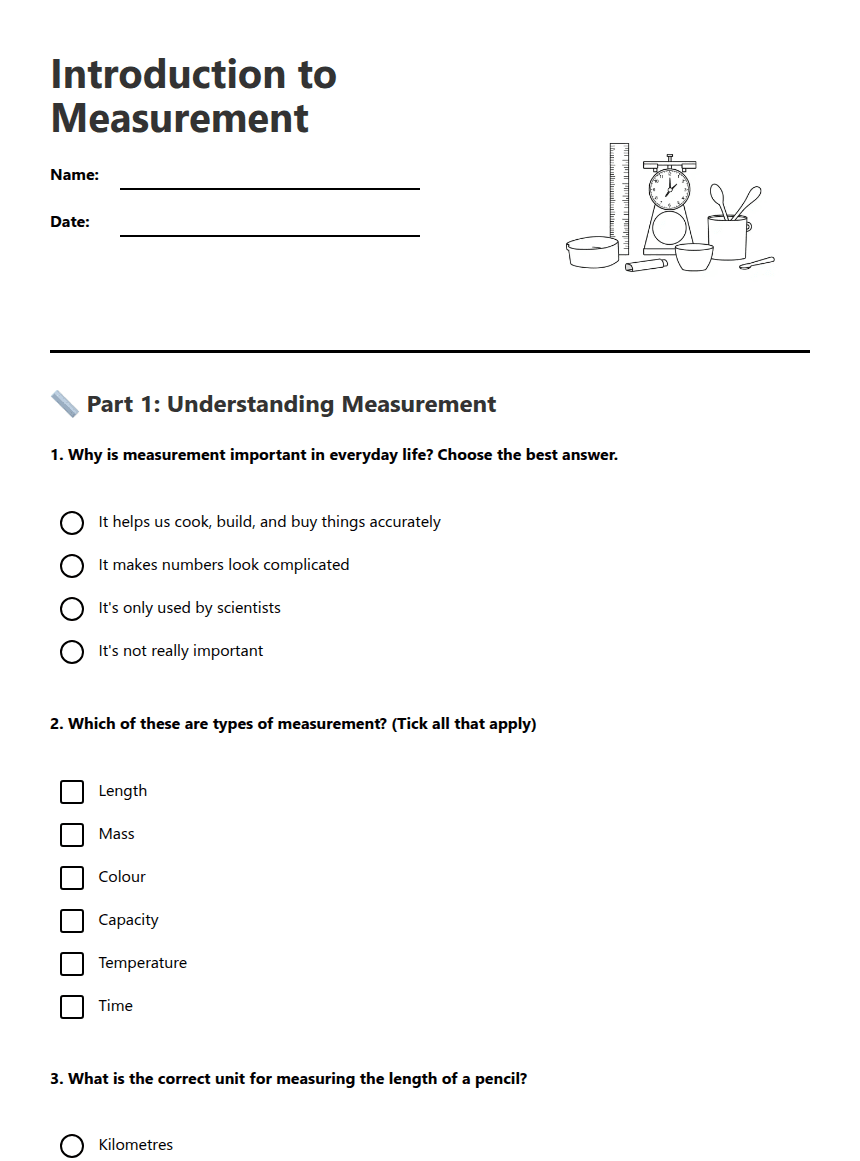 Introduction to Measurement worksheet preview