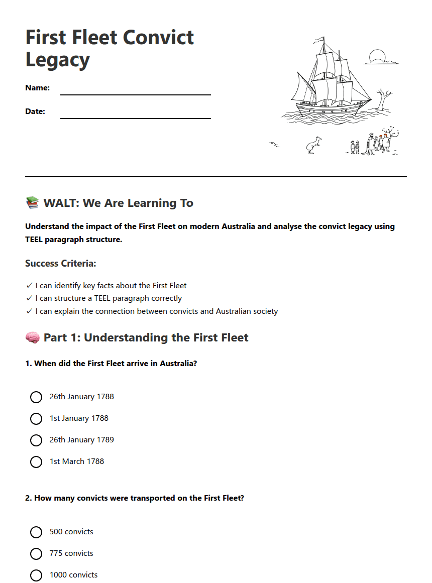 First Fleet Convict Legacy worksheet preview