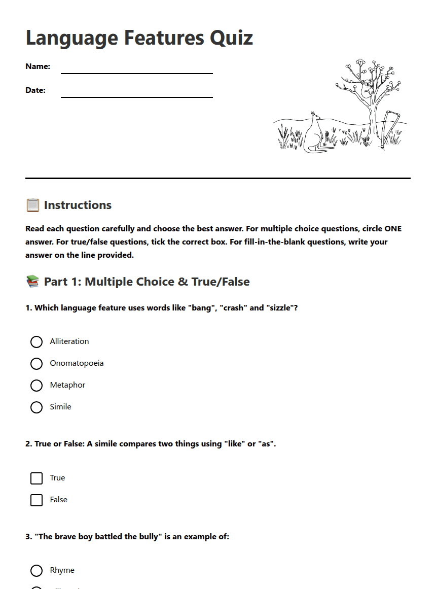 Language Features Quiz worksheet preview