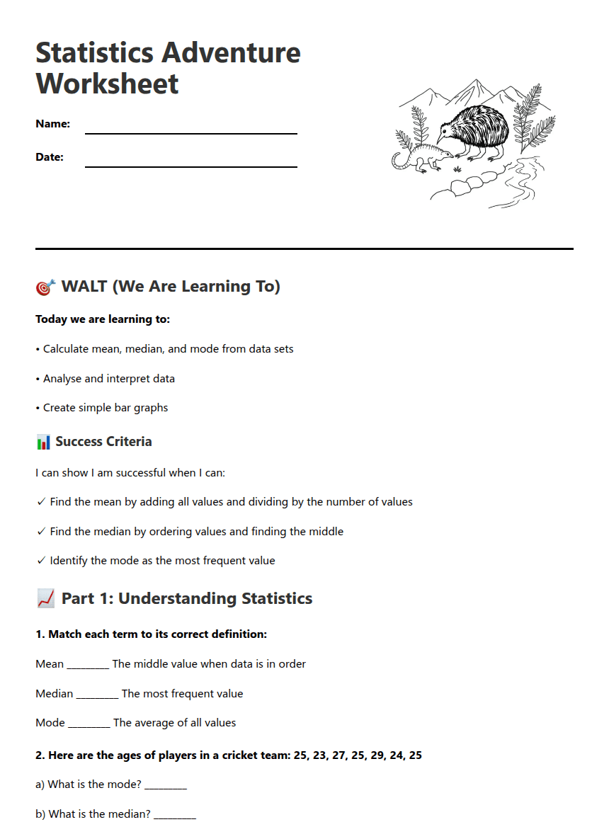 Statistics Adventure Worksheet worksheet preview