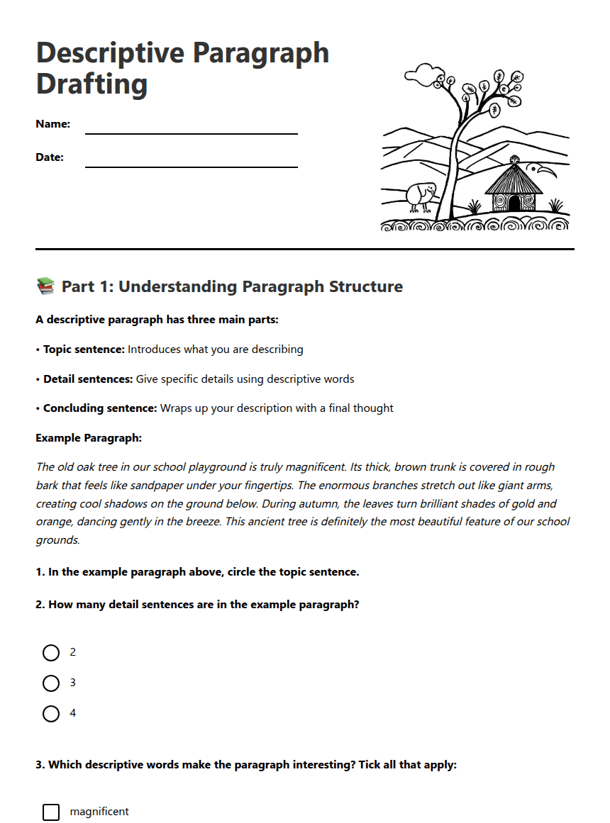 Descriptive Paragraph Drafting worksheet preview