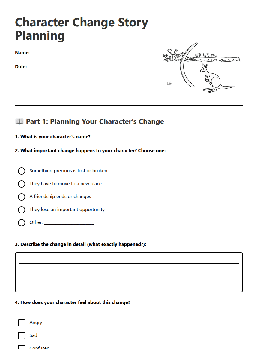 Character Change Story Planning worksheet preview