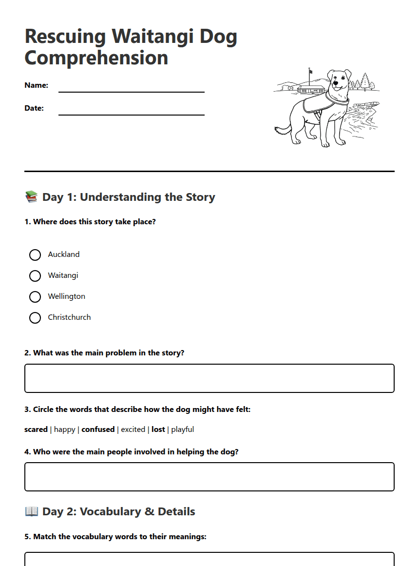 Rescuing Waitangi Dog Comprehension worksheet preview
