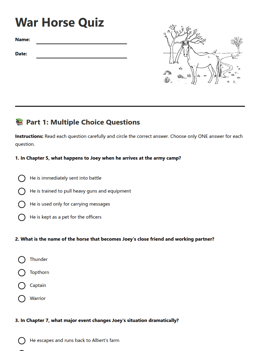 War Horse Quiz worksheet preview