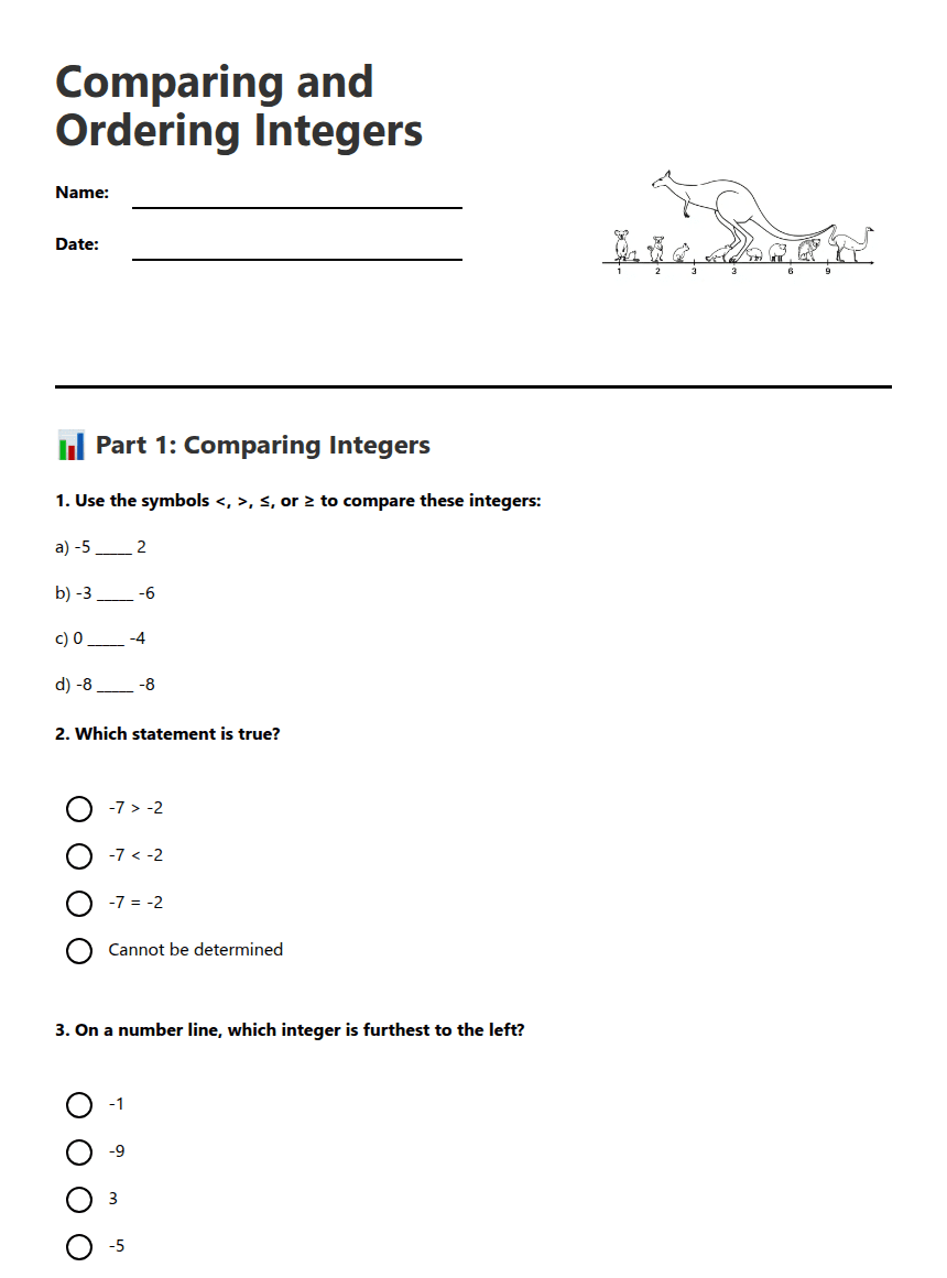 Comparing and Ordering Integers worksheet preview