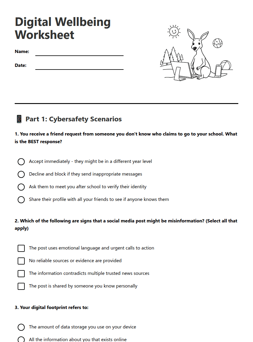 Digital Wellbeing Worksheet worksheet preview