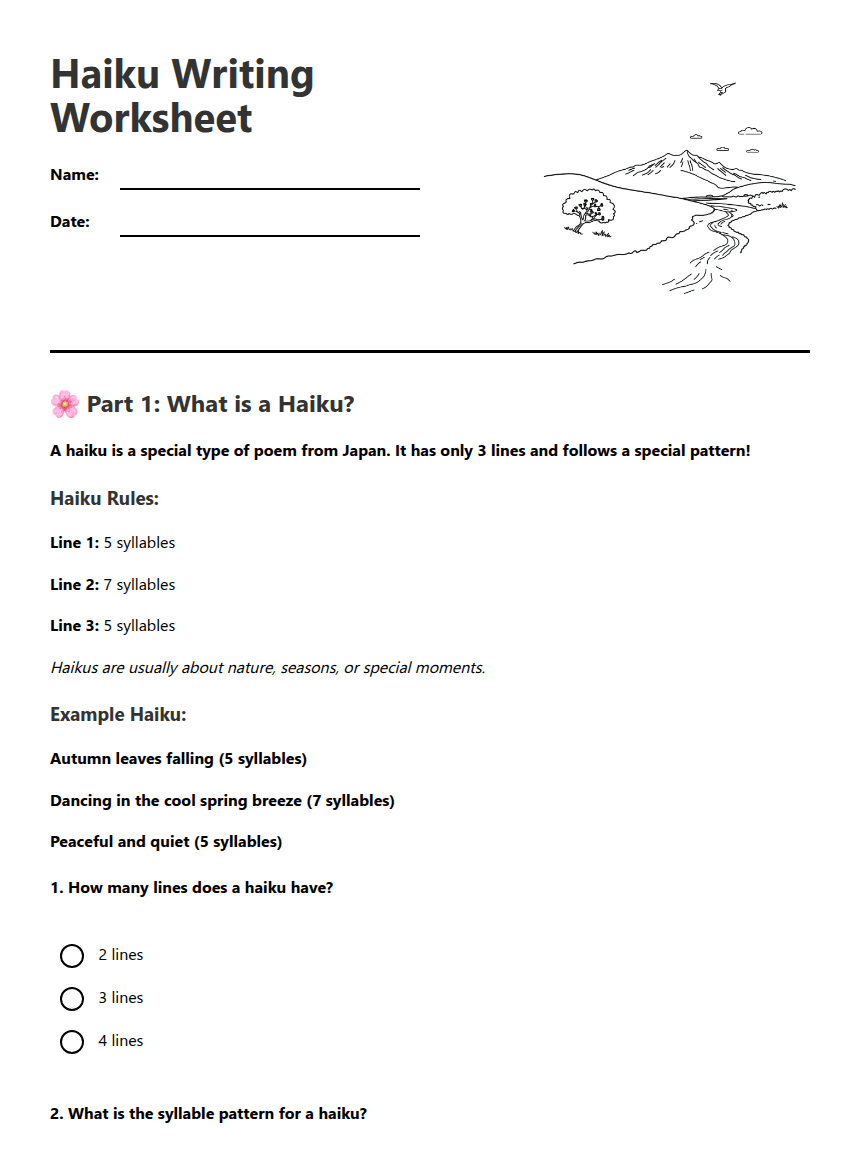 Haiku Writing Worksheet worksheet preview