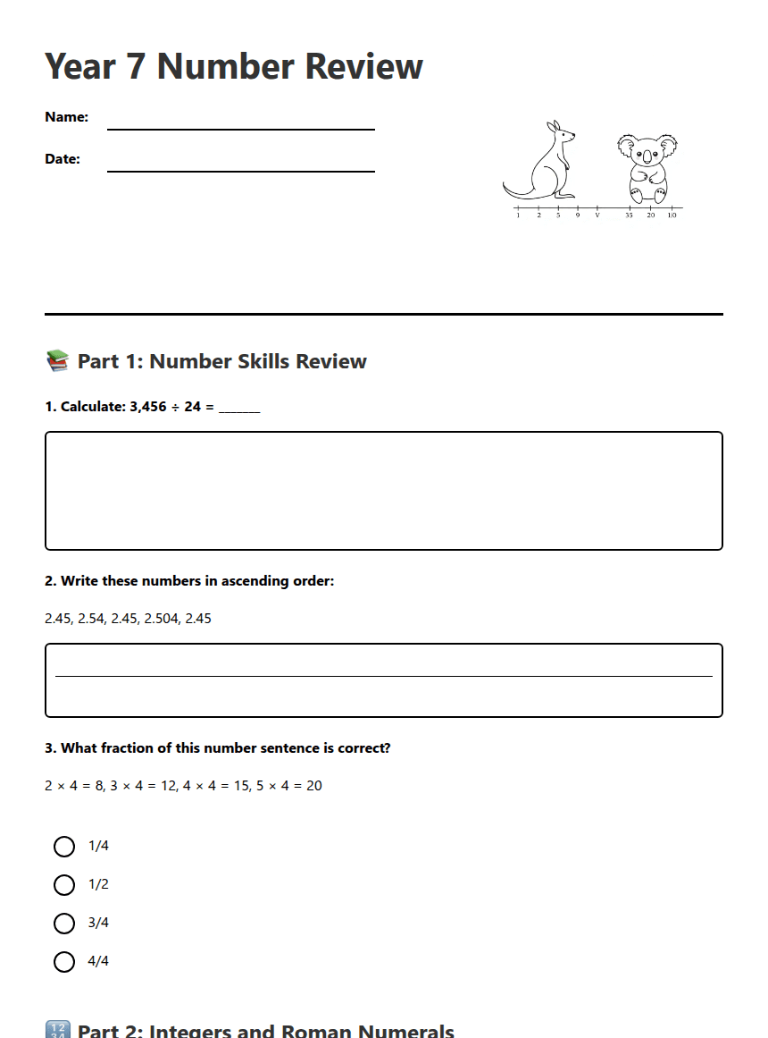 Year 7 Number Review worksheet preview