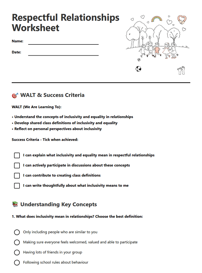 Respectful Relationships Worksheet