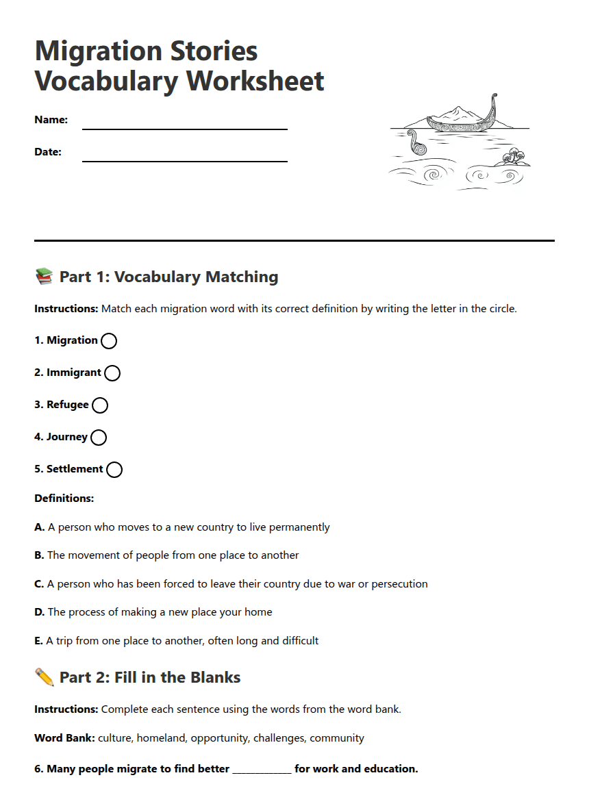 Migration Stories Vocabulary Worksheet worksheet preview