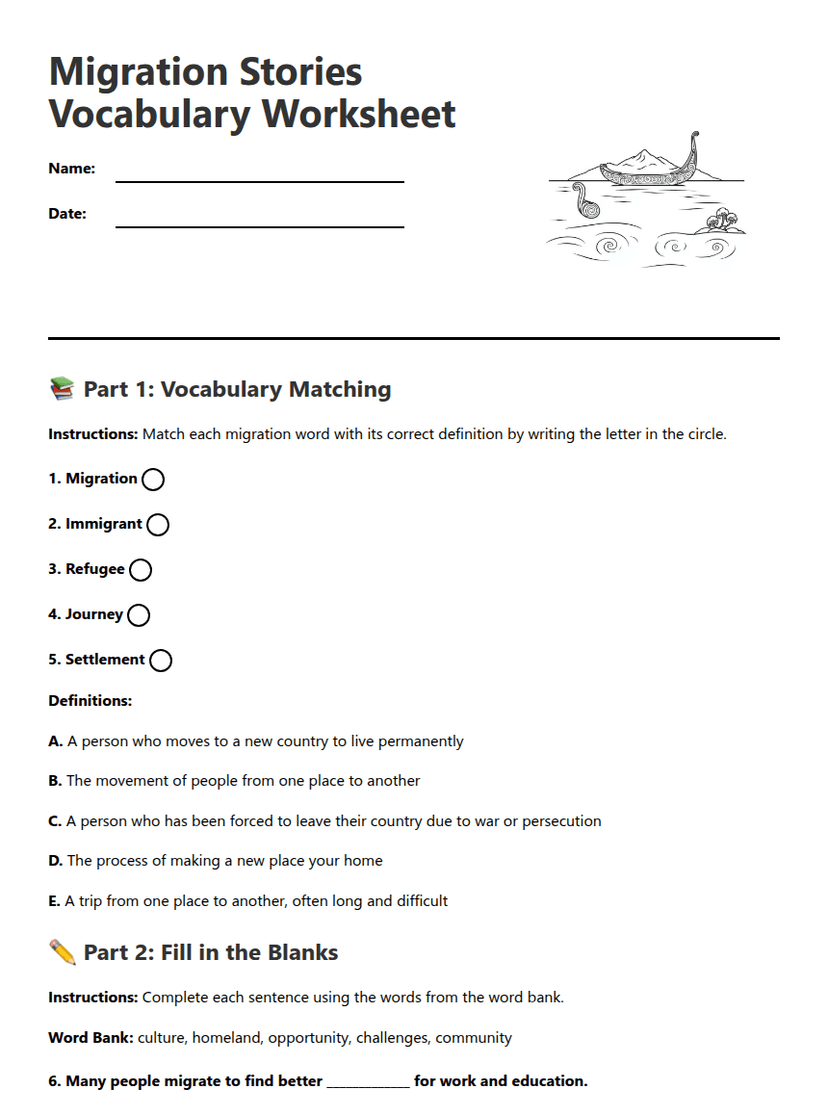 Migration Stories Vocabulary Worksheet